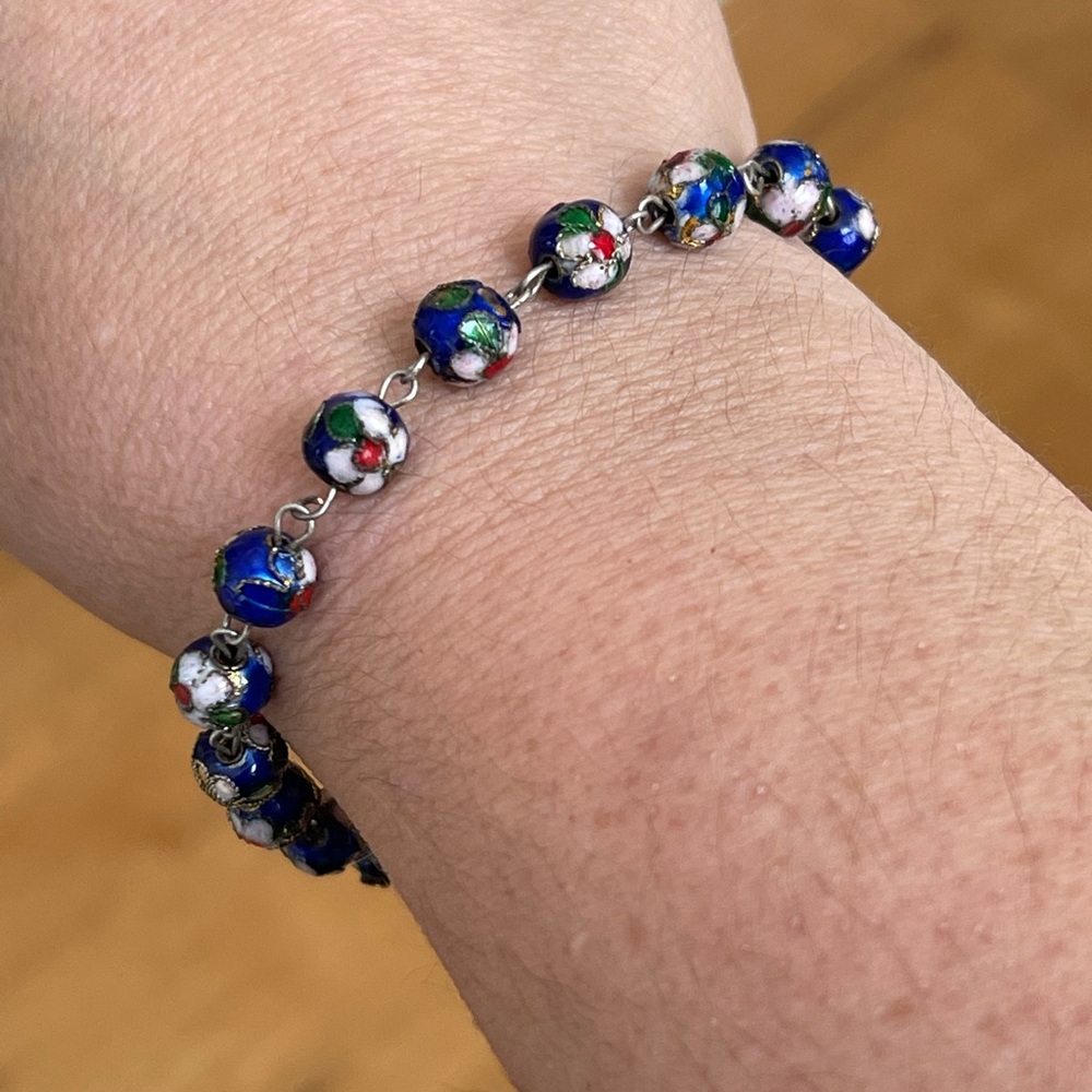 Vintage cloisonné bead silver tone bracelet - Picture 3 of 5